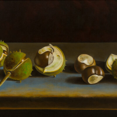 026-1 Kastanjes op blauwe tafel -  - 32cmx62cm