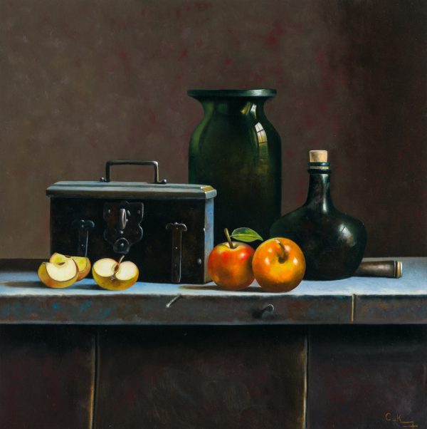 0004  Flessen, geldkistje en appels - Flessen, geldkistje en appels - 61cmx61cm