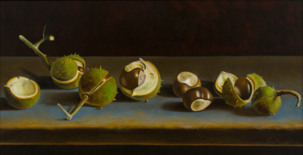 026-1 Kastanjes op blauwe tafel -  - 32cmx62cm