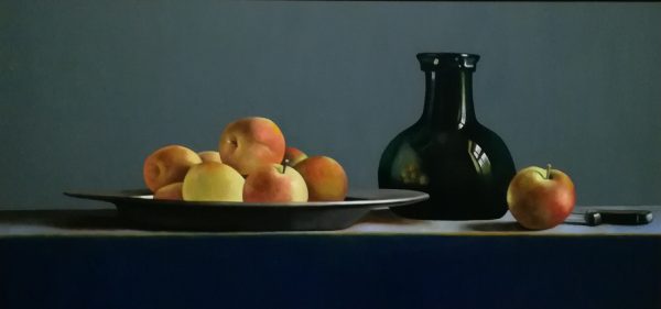 Tinnen schaal met appels en fles -  - 40cmx80cm
